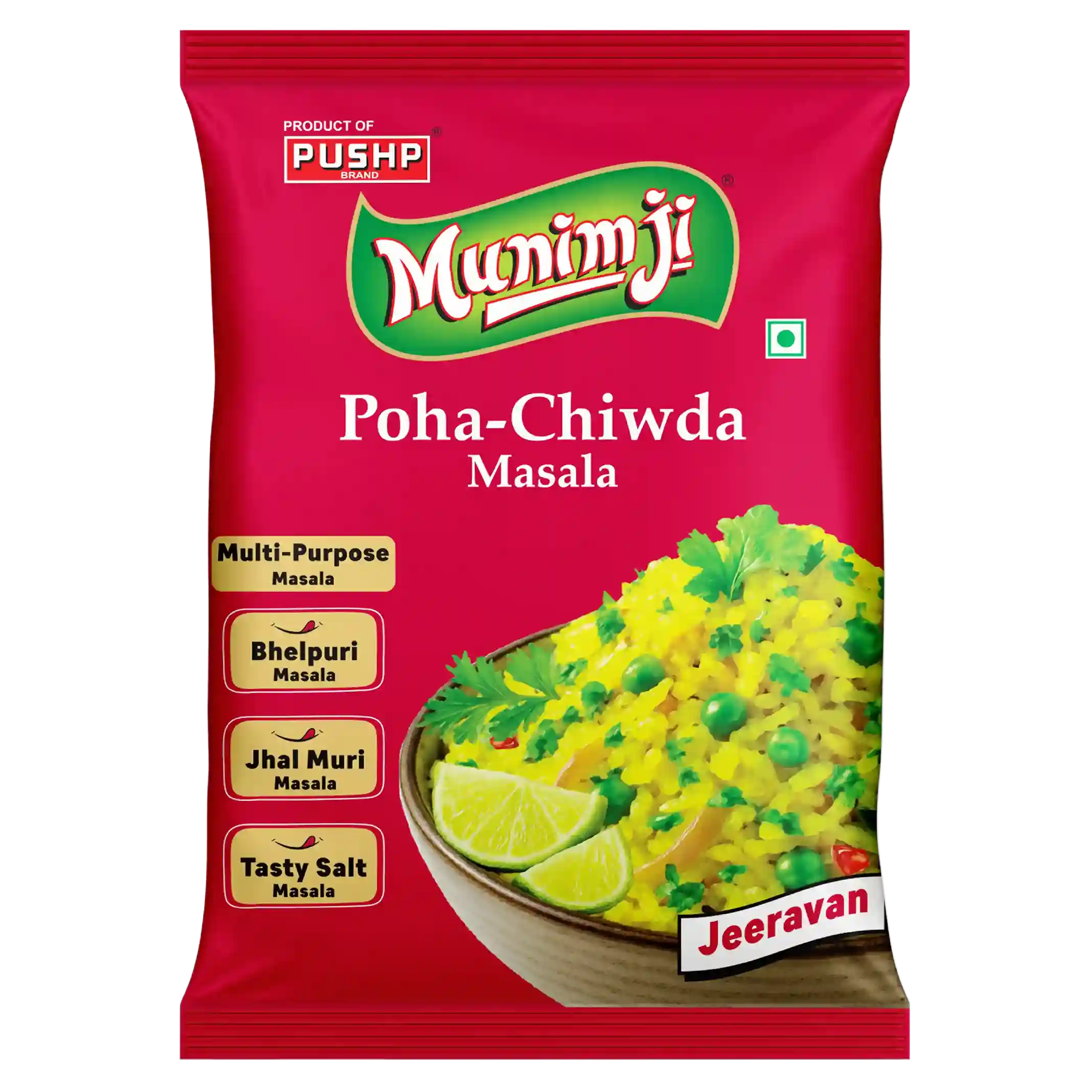 Munimji-Poha-Chiwda-Masala-Pouch-Front.webp Munimji Poha Chiwda Masala – Multi-Purpose Snack Masala - Image 1